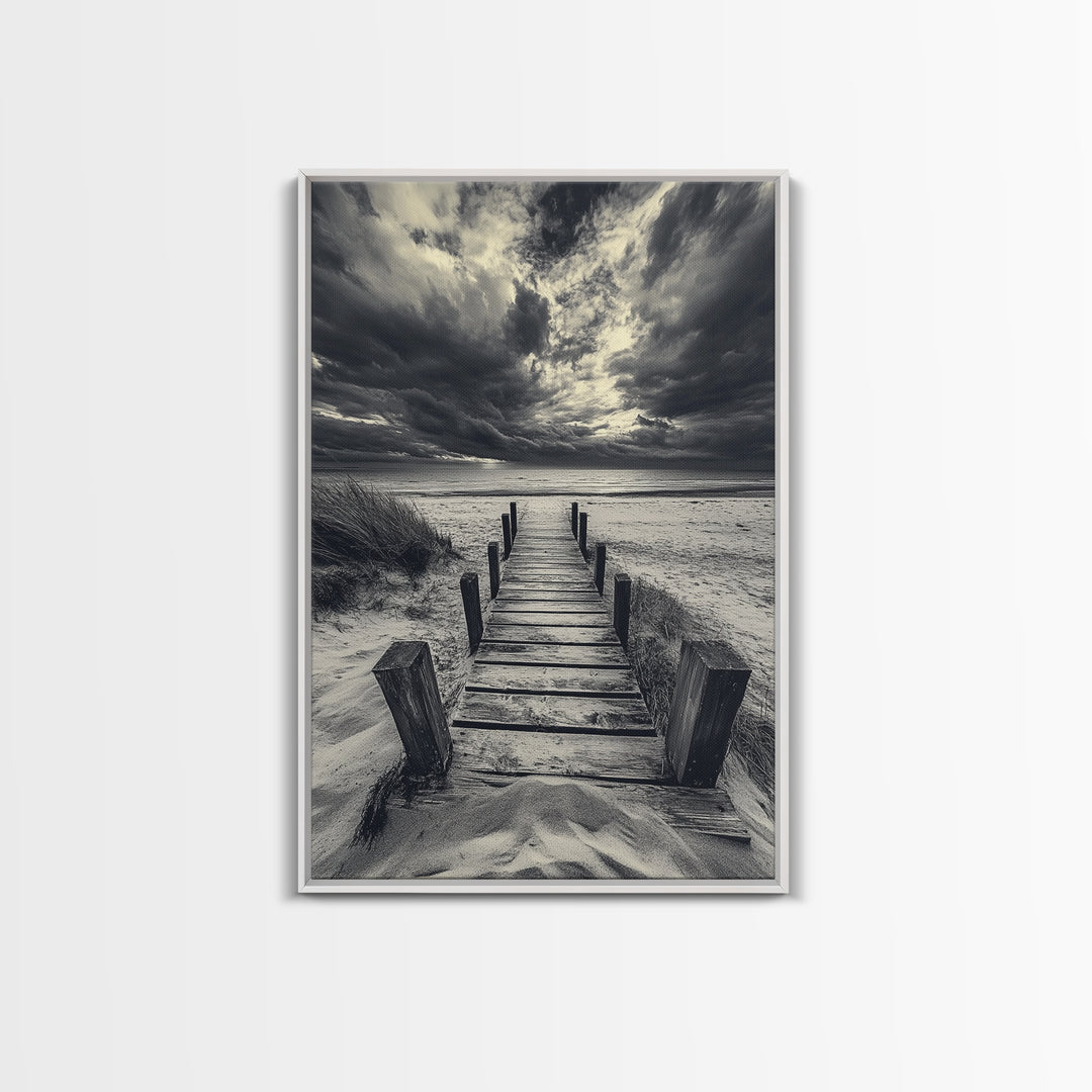 Stormy Beach Dock, Dramatic Skies, Coastal Mood, Framed Canvas Print, Fall Wall Art, Entryway Decor, Moody Seascape, Rustic Coastal Home