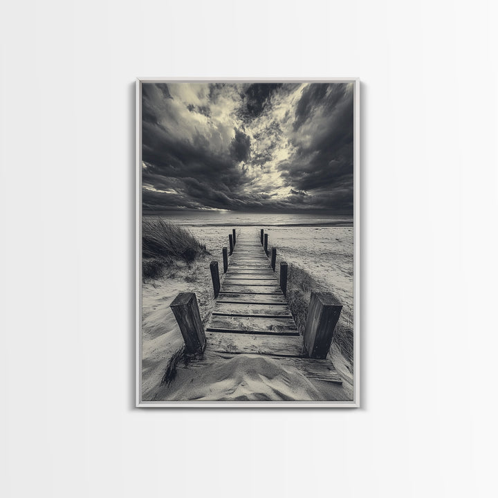 Stormy Beach Dock, Dramatic Skies, Coastal Mood, Framed Canvas Print, Fall Wall Art, Entryway Decor, Moody Seascape, Rustic Coastal Home