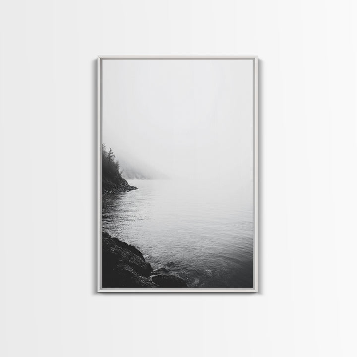 Misty Lakeshore, Foggy Forest Water, Monochrome Tranquility, Framed Canvas Print, Minimalist Art, Calm Landscape, Bedroom Wall Decor
