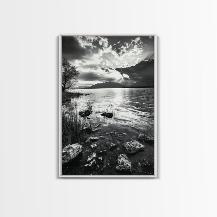 Lake Sunset View, Peaceful Mountainscape, Nature Reflection, Framed Canvas Print, Living Room Wall Art, Tranquil Scenic Landscape