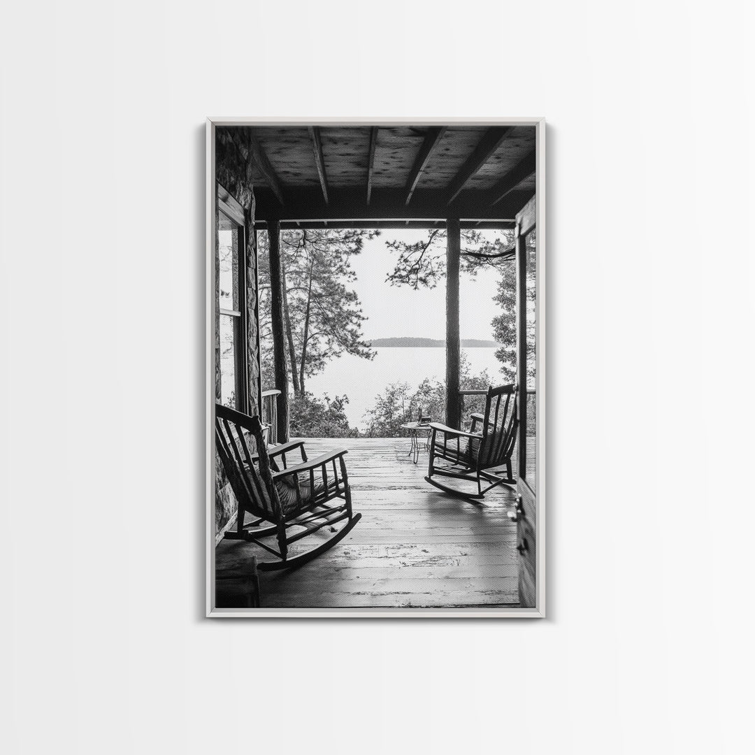 Rustic Porch View, Cabin Serenity, Lakefront Rocking Chairs, Framed Canvas Print, Farmhouse Wall Art, Living Room Decor, Fall Home Style
