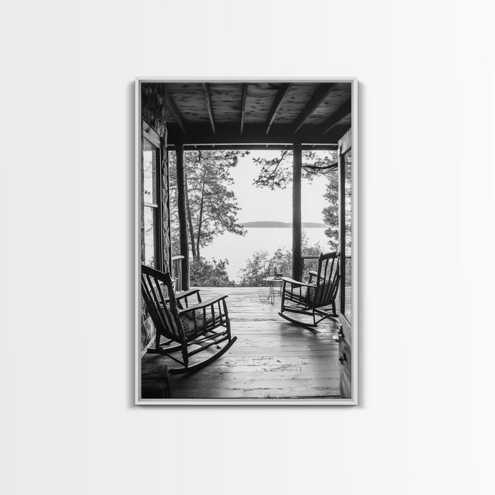 Rustic Porch View, Cabin Serenity, Lakefront Rocking Chairs, Framed Canvas Print, Farmhouse Wall Art, Living Room Decor, Fall Home Style