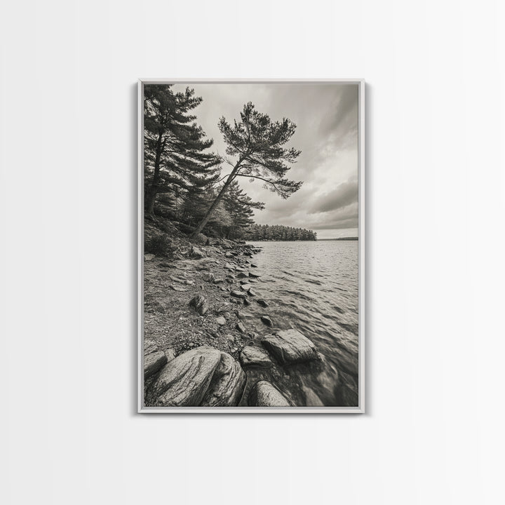 Pine Shoreline Landscape, Calm Water Trees, Autumn Mood, Canvas Print, Rustic Cabin Wall Art, Bedroom Nature Decor, Earthy Photography