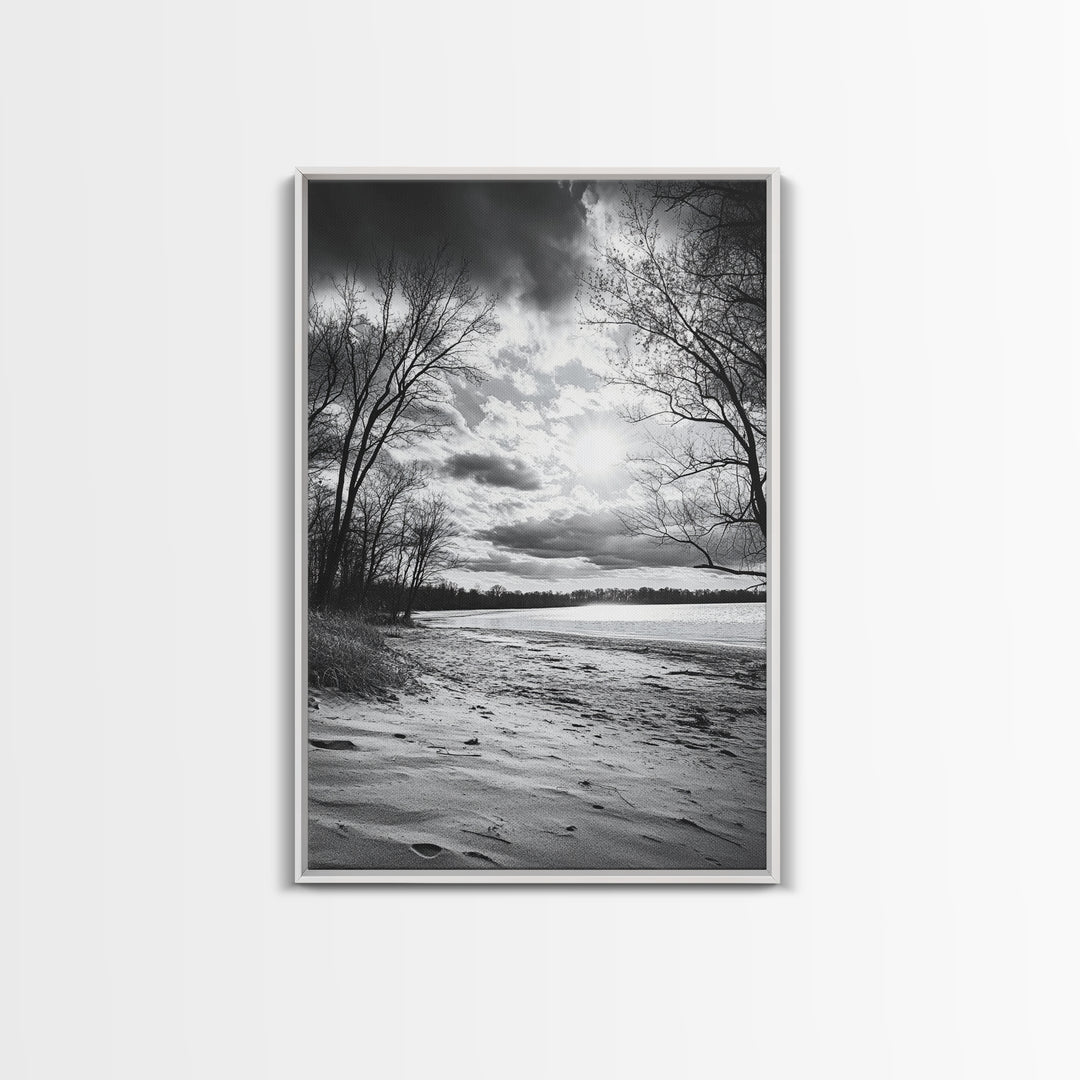 Dramatic Beach Sunset, Bare Trees Silhouette, Nature Photography, Framed Canvas Print, Fall Wall Art, Entryway Decor, Rustic Minimalist