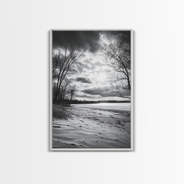 Dramatic Beach Sunset, Bare Trees Silhouette, Nature Photography, Framed Canvas Print, Fall Wall Art, Entryway Decor, Rustic Minimalist