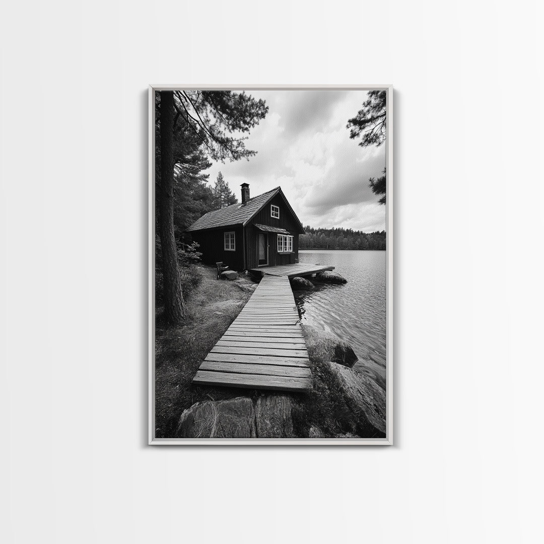 Lake Cabin Path, Nordic Forest Retreat, Nature Escape, Canvas Print, Cozy Wall Art, Scandinavian Decor, Fall Rustic Living Room Art