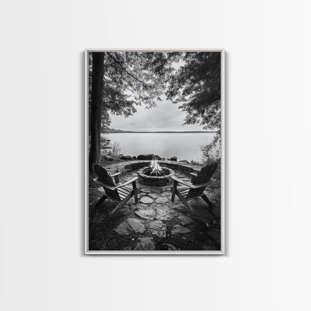 Campfire Lake Night, Adirondack Chairs, Wilderness Glow, Framed Canvas Print, Outdoor Living Wall Art, Cabin Decor, Autumn Retreat Art