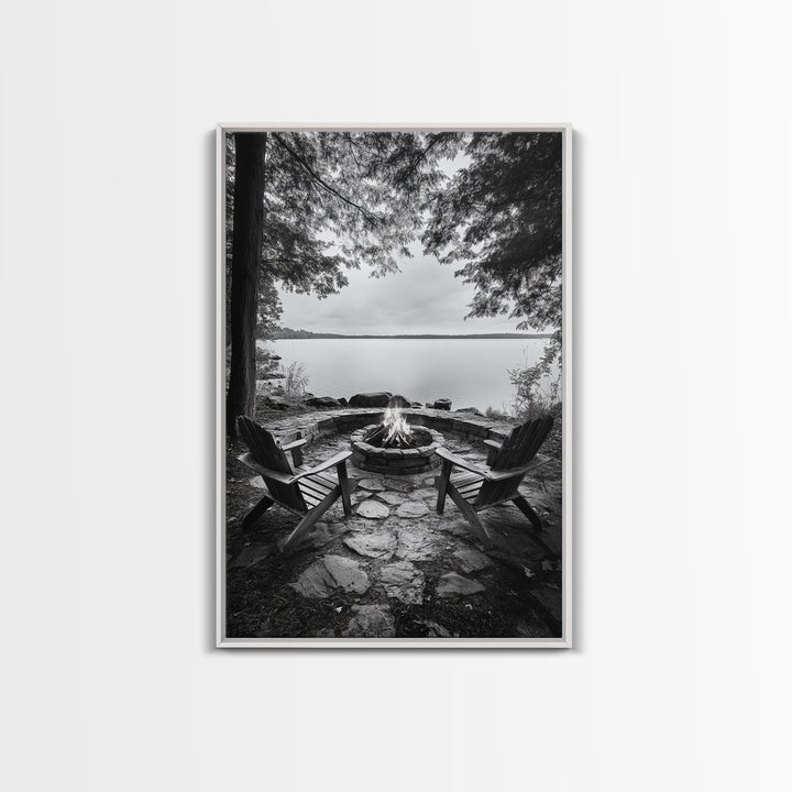 Campfire Lake Night, Adirondack Chairs, Wilderness Glow, Framed Canvas Print, Outdoor Living Wall Art, Cabin Decor, Autumn Retreat Art