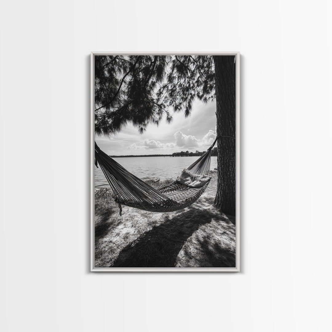 Hammock Lake View, Peaceful Retreat, Summer Breeze, Canvas Print, Boho Outdoor Art, Bedroom Relaxation Decor, Minimalist Coastal Vibe