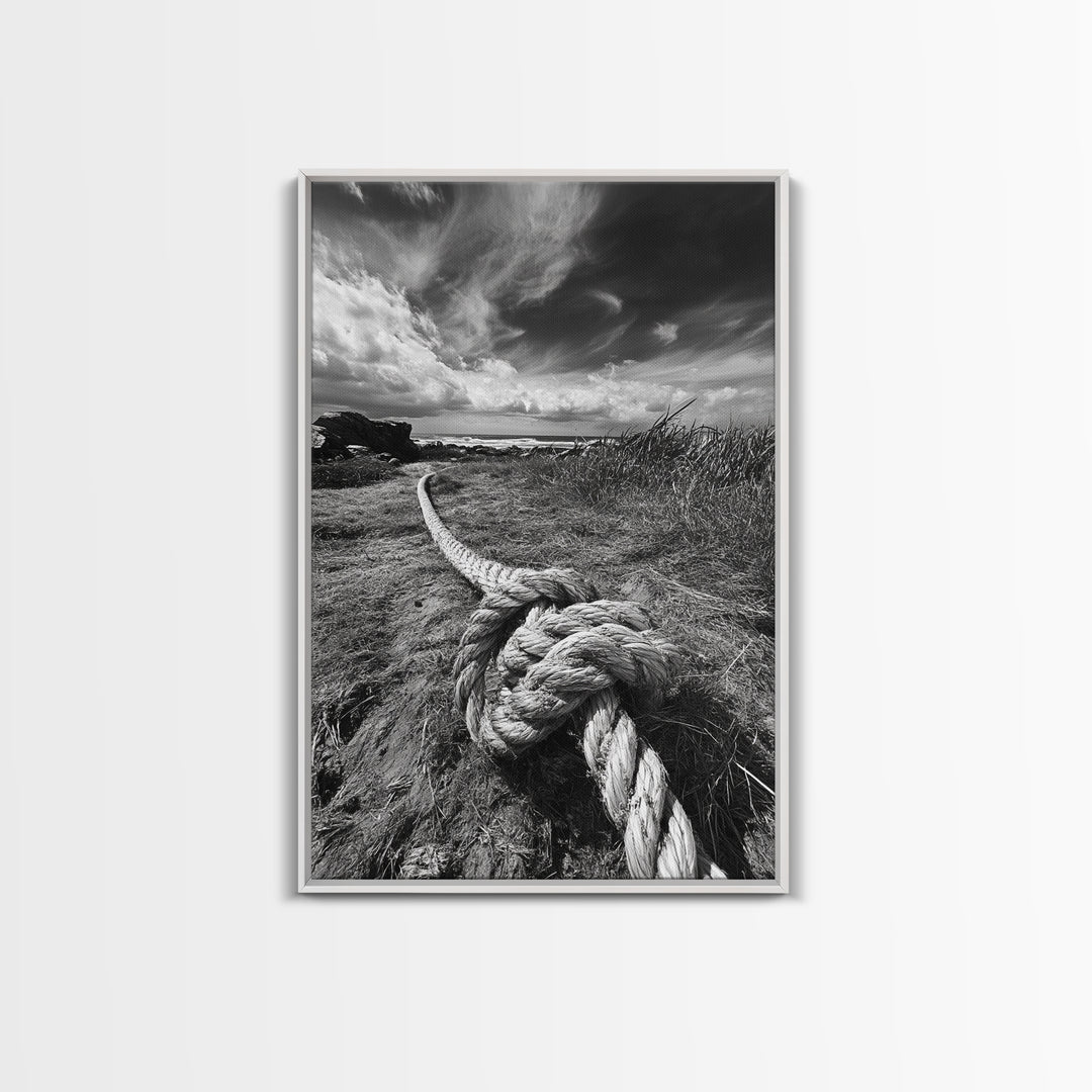 Nautical Rope Knot, Coastal Texture, Ocean Breeze, Framed Canvas Print, Beach House Wall Art, Rustic Nautical Decor, Minimalist Style