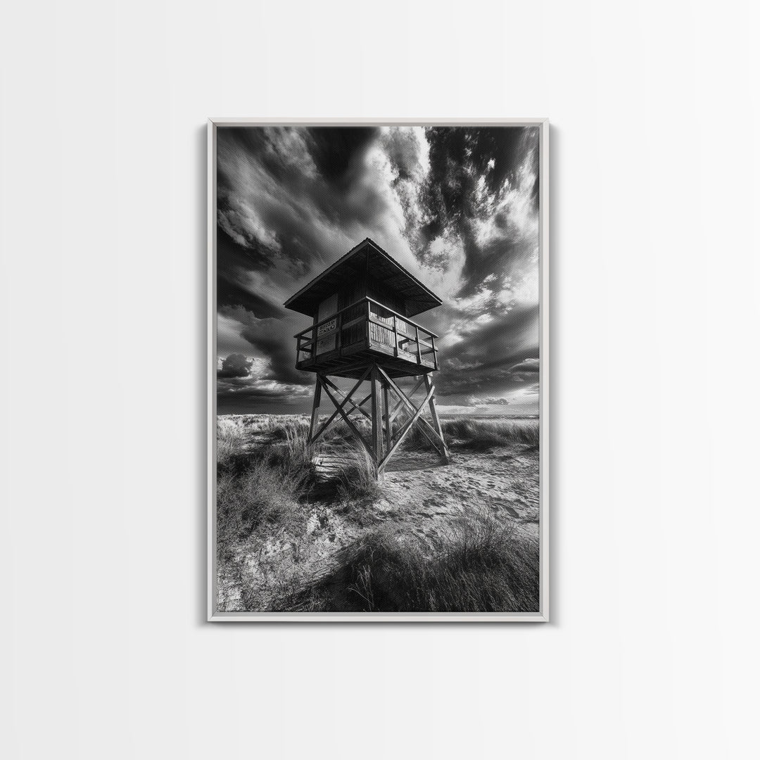 Lifeguard Tower Drama, Windy Beach Sky, Ocean Landscape, Canvas Print, Coastal Wall Art, Moody Surreal Decor, Living Room Statement Art