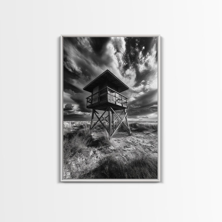 Lifeguard Tower Drama, Windy Beach Sky, Ocean Landscape, Canvas Print, Coastal Wall Art, Moody Surreal Decor, Living Room Statement Art
