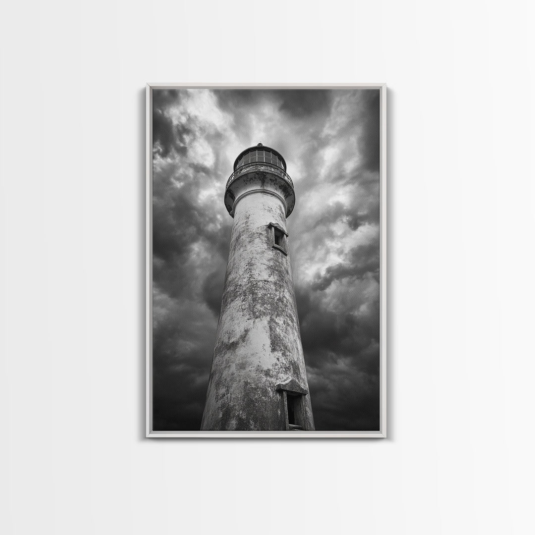 Stormy Lighthouse Closeup, Dramatic Skies, Weathered Beacon, Canvas Print, Coastal Decor, Dark Nautical Wall Art, Moody Ocean Theme