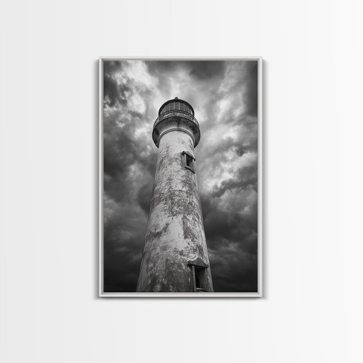 Stormy Lighthouse Closeup, Dramatic Skies, Weathered Beacon, Canvas Print, Coastal Decor, Dark Nautical Wall Art, Moody Ocean Theme