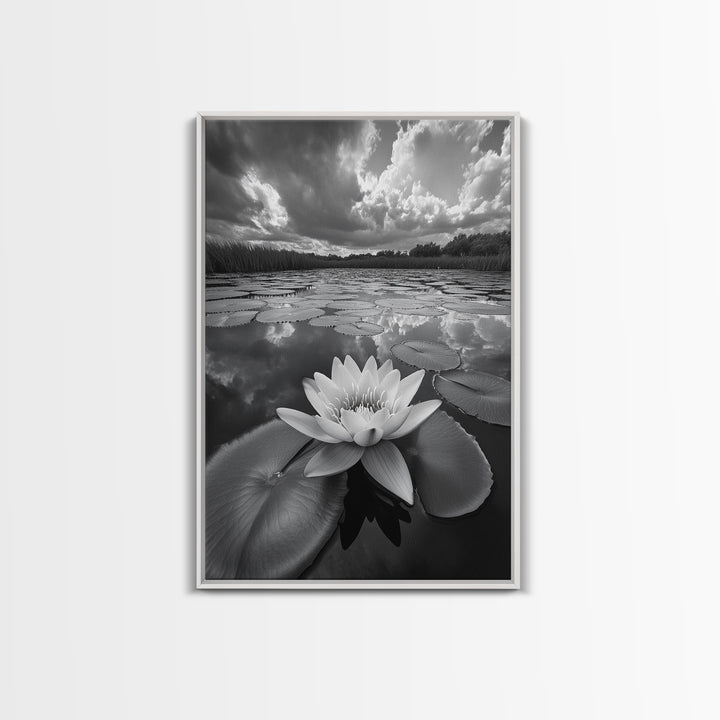 Tranquil Lotus, Cloud Reflections, Water Lily Pond, Framed Canvas Print, Zen Wall Art, Spa Bathroom Decor, Modern Nature Photography