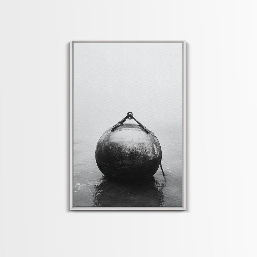 Buoy Stillness, Ocean Fog, Minimal Water, Framed Canvas Print, Nautical Wall Art, Bathroom Decor, Calm Coastal Black and White Art