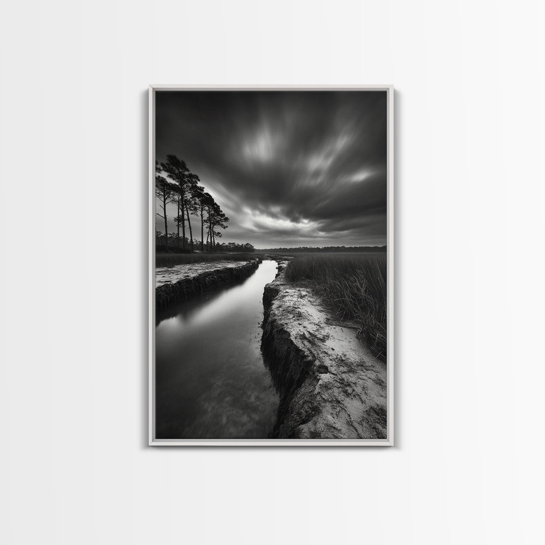 Misty Marsh Path, Moody Landscape, Nature Wall Decor, Living Room Art, Canvas Print, Black and White Photography, Autumn Wall Art