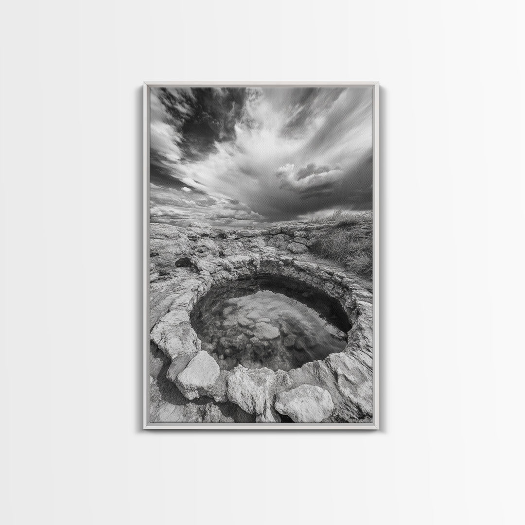 Natural Stone Pool, Sky Reflections, Framed Canvas Print, Bathroom Wall Art, Earthy Neutral Decor, Minimalist Landscape
