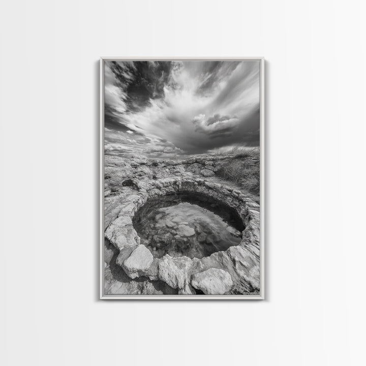 Natural Stone Pool, Sky Reflections, Framed Canvas Print, Bathroom Wall Art, Earthy Neutral Decor, Minimalist Landscape