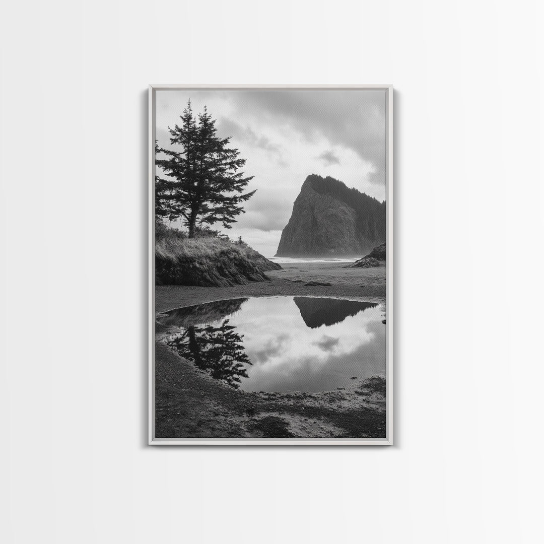 Coastal Rock Reflections, Nature Photography, Ocean Landscape, Framed Canvas Print, Moody Living Room Art, Minimal Decor