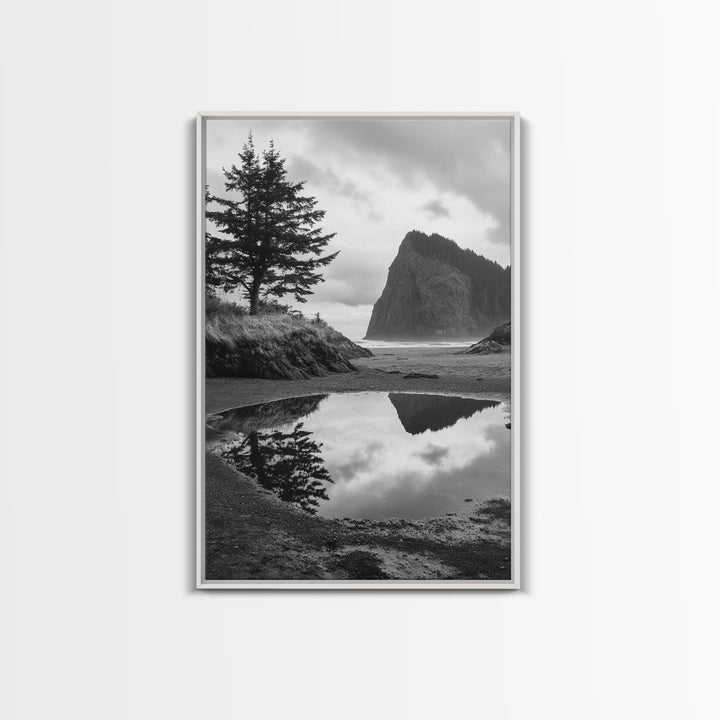 Coastal Rock Reflections, Nature Photography, Ocean Landscape, Framed Canvas Print, Moody Living Room Art, Minimal Decor