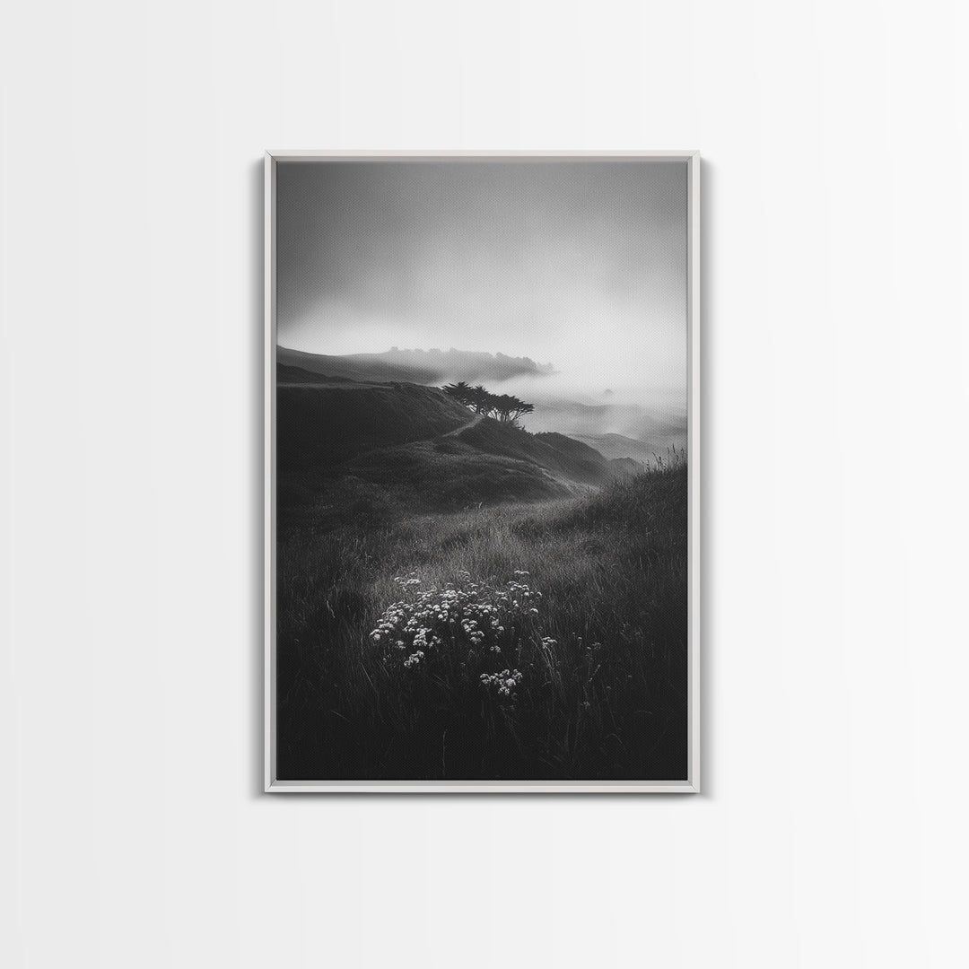 Rolling Mist Hills, Dreamy Countryside, Framed Canvas Print, Black and White Wall Art, Bedroom Calm Decor, Nature Landscape