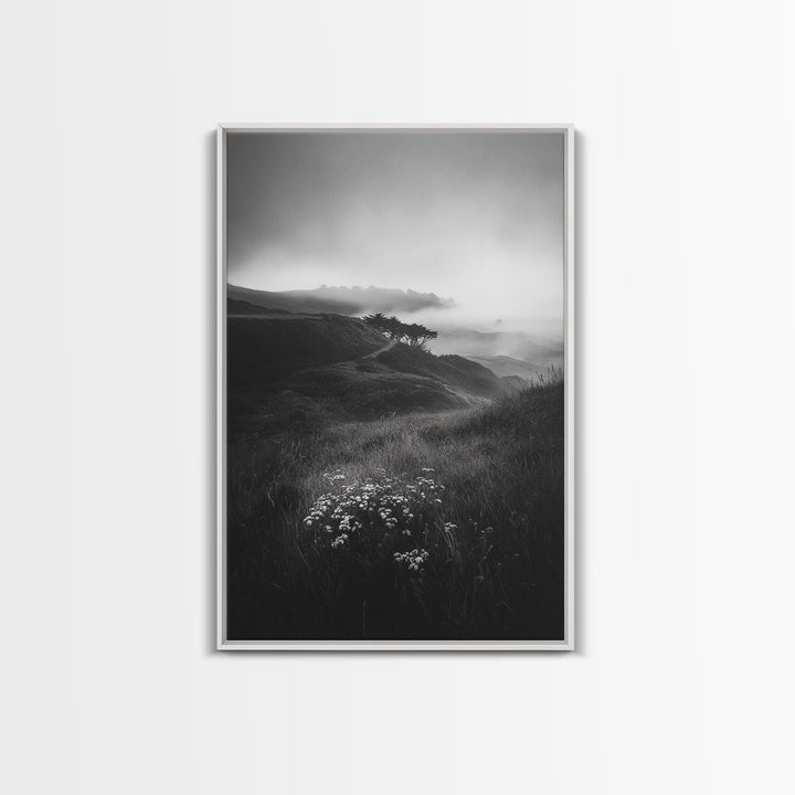 Rolling Mist Hills, Dreamy Countryside, Framed Canvas Print, Black and White Wall Art, Bedroom Calm Decor, Nature Landscape