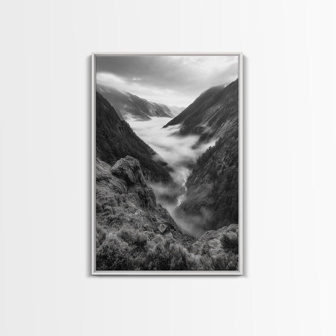 Foggy Mountain Valley, Nature Escape, Serene Wall Art, Framed Canvas Print, Adventure Photography, Cabin Autumn Decor