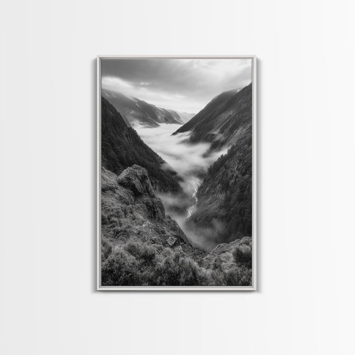 Foggy Mountain Valley, Nature Escape, Serene Wall Art, Framed Canvas Print, Adventure Photography, Cabin Autumn Decor