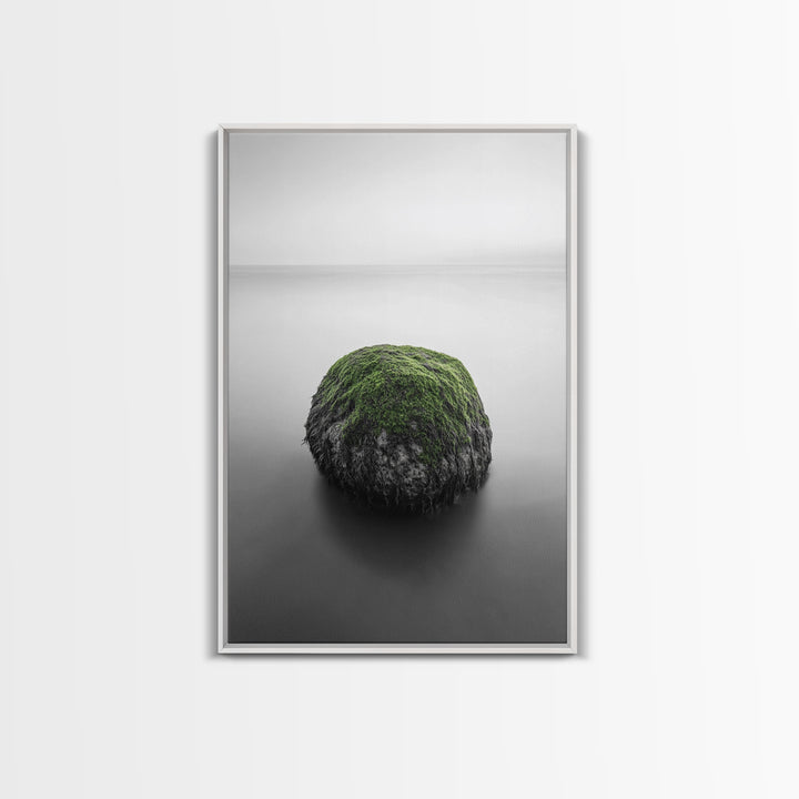 Moss Rock Minimal, Green Accent Art, Coastal Zen Decor, Framed Canvas Print, Modern Neutral Room, Nature Wall Aesthetic
