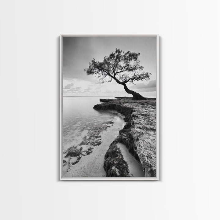 Coastal Tree Silhouette, Serene Nature Art, Ocean Wall Scene, Framed Canvas Print, Beach House Decor, Minimalist Design