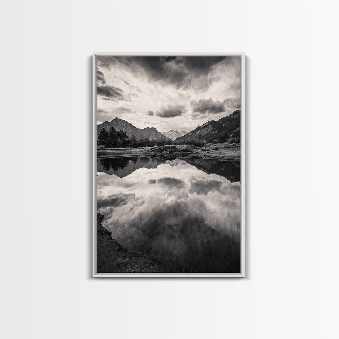 Alpine Reflections, Dramatic Skies, Mountain Serenity, Canvas Print, Living Room Wall Art, Moody Landscape Photography, Monochrome Decor