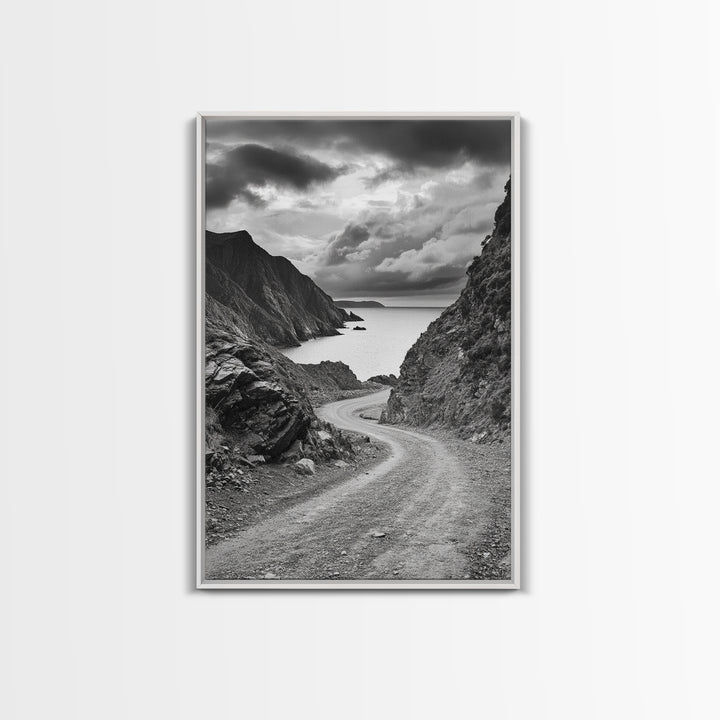 Coastal Road Curve, Rugged Cliff Path, Dramatic Seascape, Canvas Print, Office Wall Art, Monochrome Nature Art, Rustic Home Decor