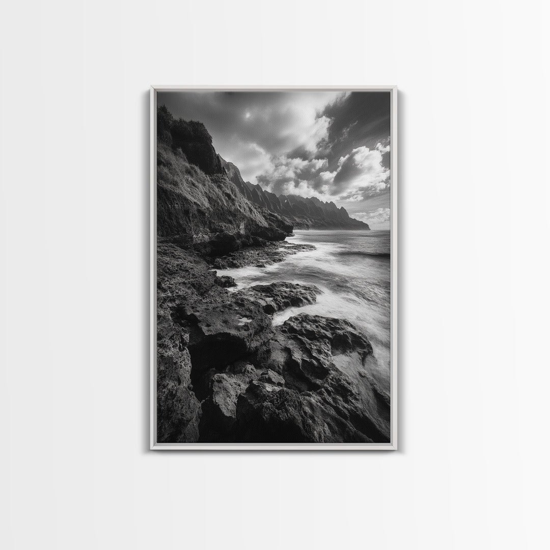 Coastal Cliffs, Ocean Horizon, Wild Waves, Framed Canvas Print, Bathroom Wall Art, Black and White Seascape, Coastal Decor, Moody Art