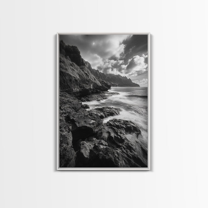 Coastal Cliffs, Ocean Horizon, Wild Waves, Framed Canvas Print, Bathroom Wall Art, Black and White Seascape, Coastal Decor, Moody Art