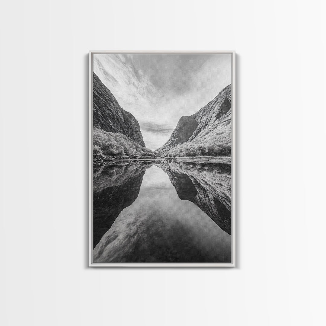 Fjord Reflection, Mountain Valley Calm, Mirror Lake, Canvas Print, Hallway Wall Art, Scandinavian Style Art, Black and White Minimalist