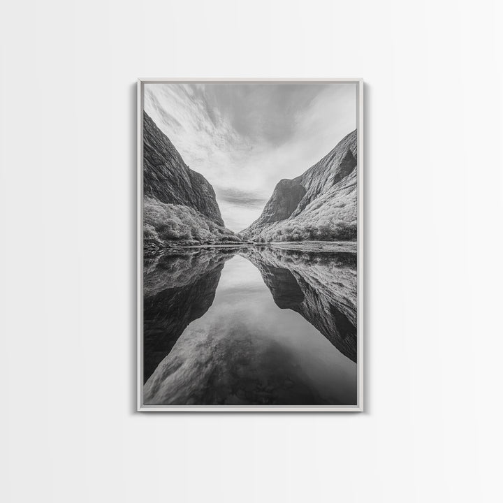 Fjord Reflection, Mountain Valley Calm, Mirror Lake, Canvas Print, Hallway Wall Art, Scandinavian Style Art, Black and White Minimalist