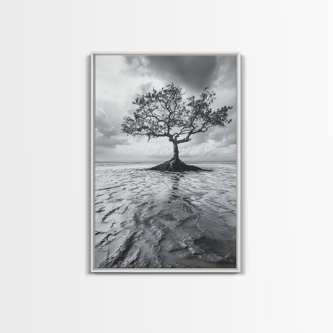 Lonely Tree, Coastal Roots, Ocean Breeze, Framed Canvas Print, Entryway Wall Art, Moody Nature Photography, Minimalist Earth Tones