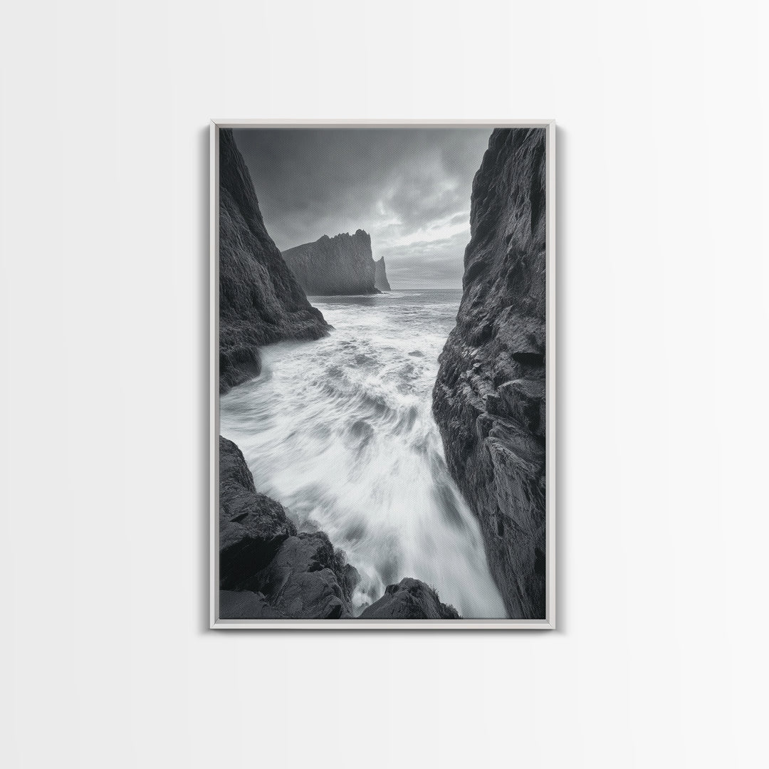 Stormy Coast, Crashing Waves, Ocean Drama, Framed Canvas Print, Living Room Wall Art, Bold Seascape Photography, Monochrome Modern Art