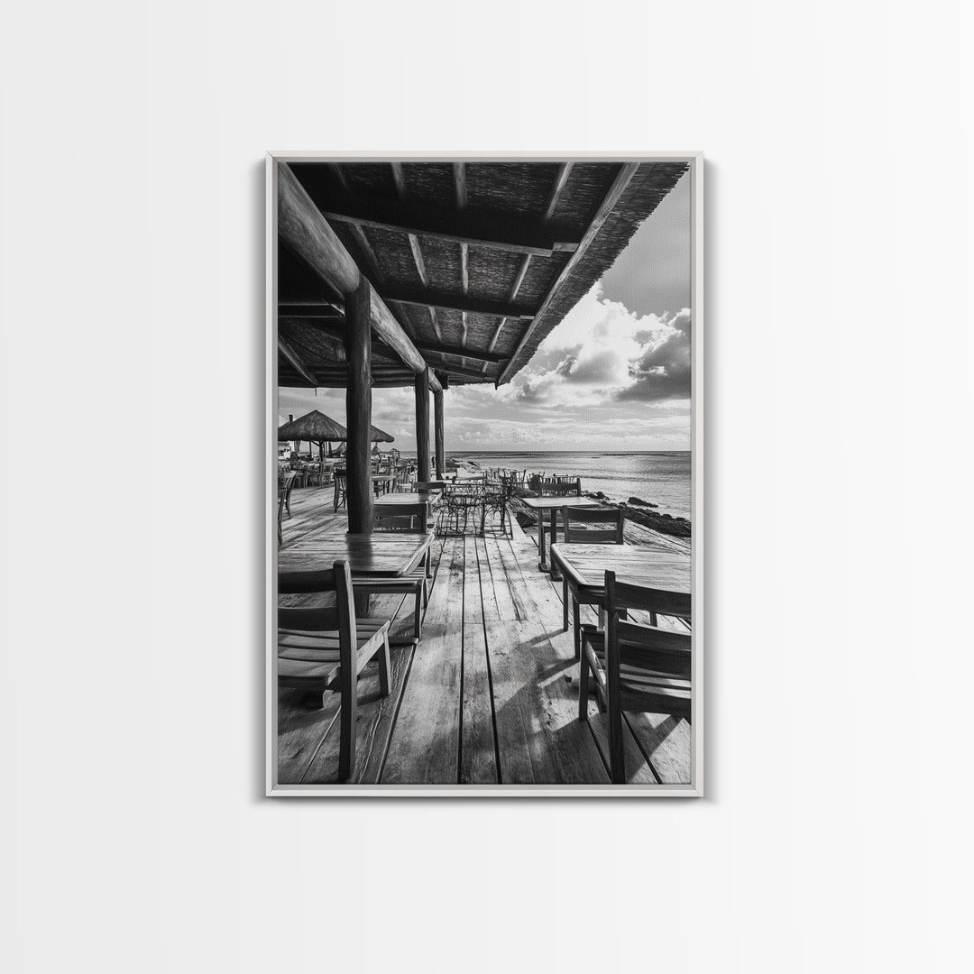 Seaside Café, Coastal Patio, Ocean View, Canvas Print, Rustic Kitchen Wall Art, Tropical Dining Decor, Travel Lifestyle Art