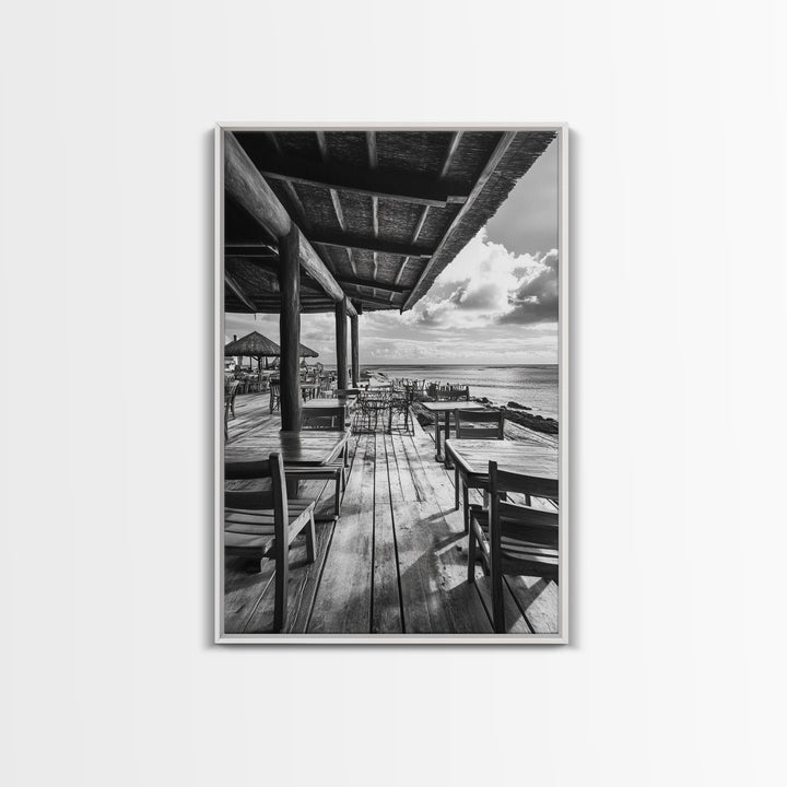 Seaside Café, Coastal Patio, Ocean View, Canvas Print, Rustic Kitchen Wall Art, Tropical Dining Decor, Travel Lifestyle Art
