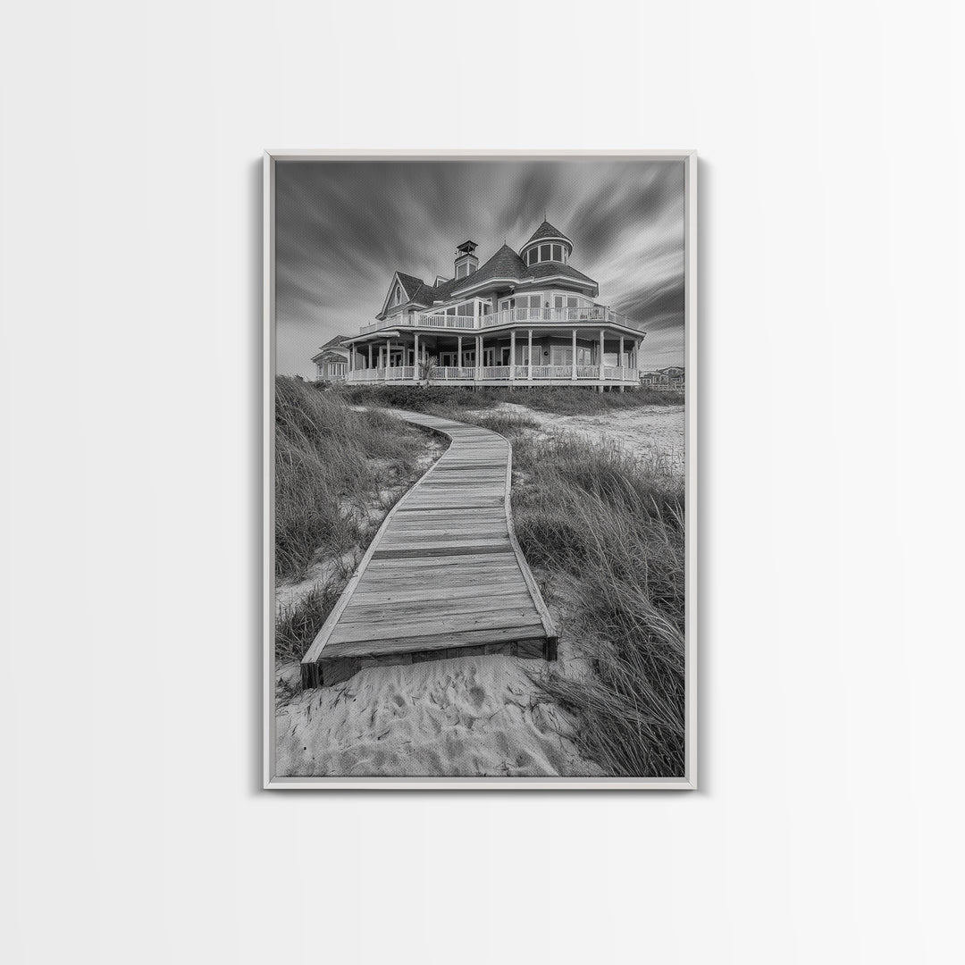 Beach House, Boardwalk Path, Coastal Architecture, Framed Canvas Print, Hallway Wall Art, Neutral Tones, Minimalist Coastal Style
