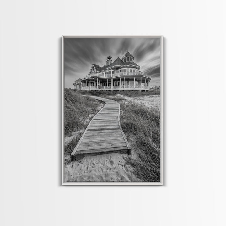 Beach House, Boardwalk Path, Coastal Architecture, Framed Canvas Print, Hallway Wall Art, Neutral Tones, Minimalist Coastal Style