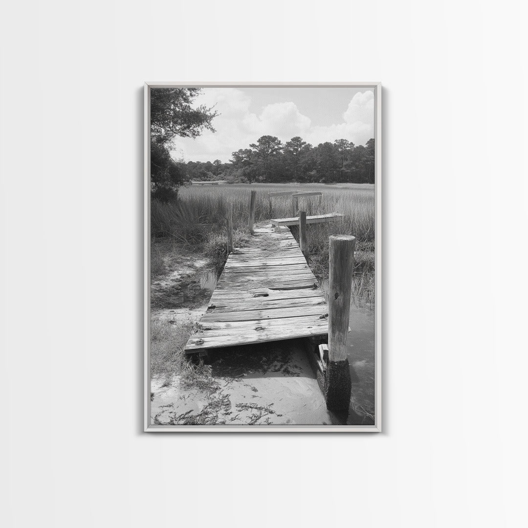 Marsh Dock, Southern Nature, Weathered Pier, Framed Canvas Print, Guest Room Wall Art, Rural Landscape, Fall Wall Art, Country Style