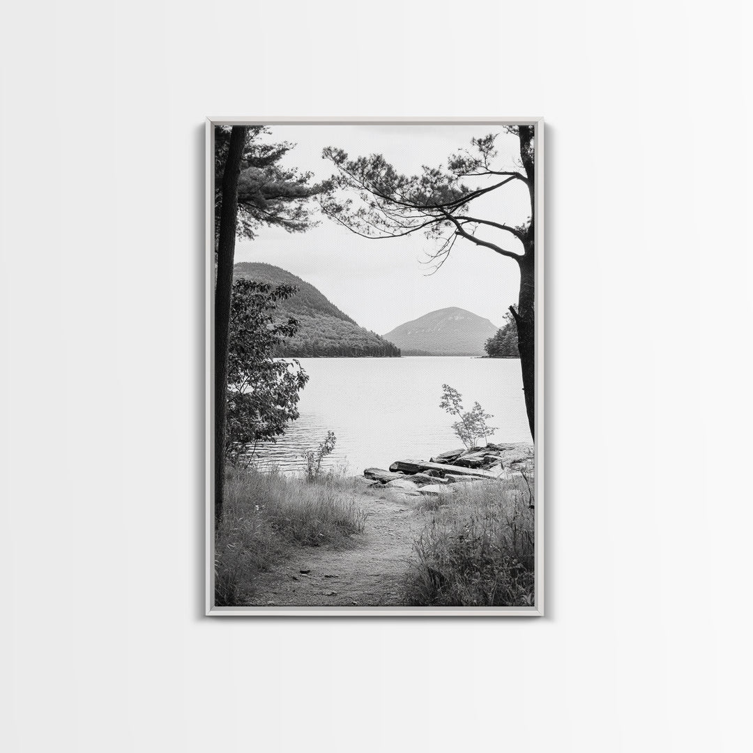 Forest Lake, Mountain View, Peaceful Trail, Framed Canvas Print, Cabin Decor, Fall Landscape, Living Room Art, Tranquil Nature Print