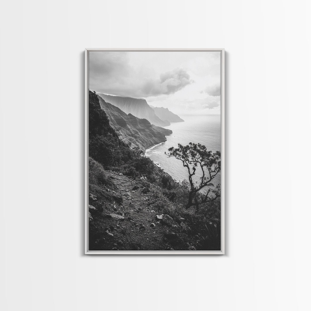 Coastal Cliff, Ocean Horizon, Hiking Trail, Framed Canvas Print, Nature Photography, Boho Wall Art, Living Room Decor, Minimalist Earth Tones
