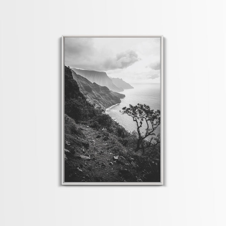 Coastal Cliff, Ocean Horizon, Hiking Trail, Framed Canvas Print, Nature Photography, Boho Wall Art, Living Room Decor, Minimalist Earth Tones