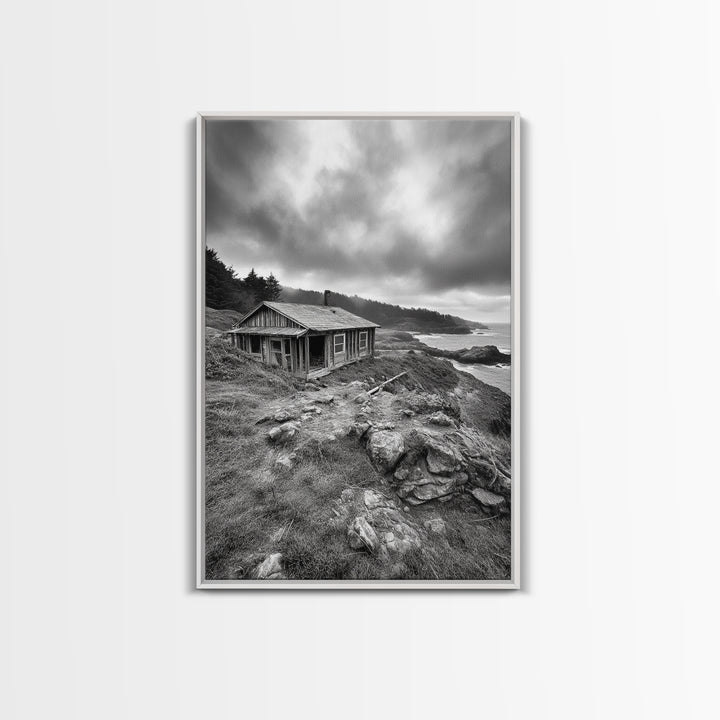 Abandoned Cabin, Coastal Cliff, Moody Landscape, Autumn Wall Art, Framed Canvas Print, Living Room Rustic Art, Farmhouse Aesthetic
