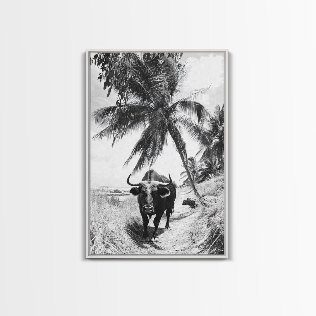 Tropical Bull, Palm Tree, Island Wildlife, Rural Photography, Framed Canvas Print, Kitchen Wall Art, Exotic Boho Decor, farmhouse decor