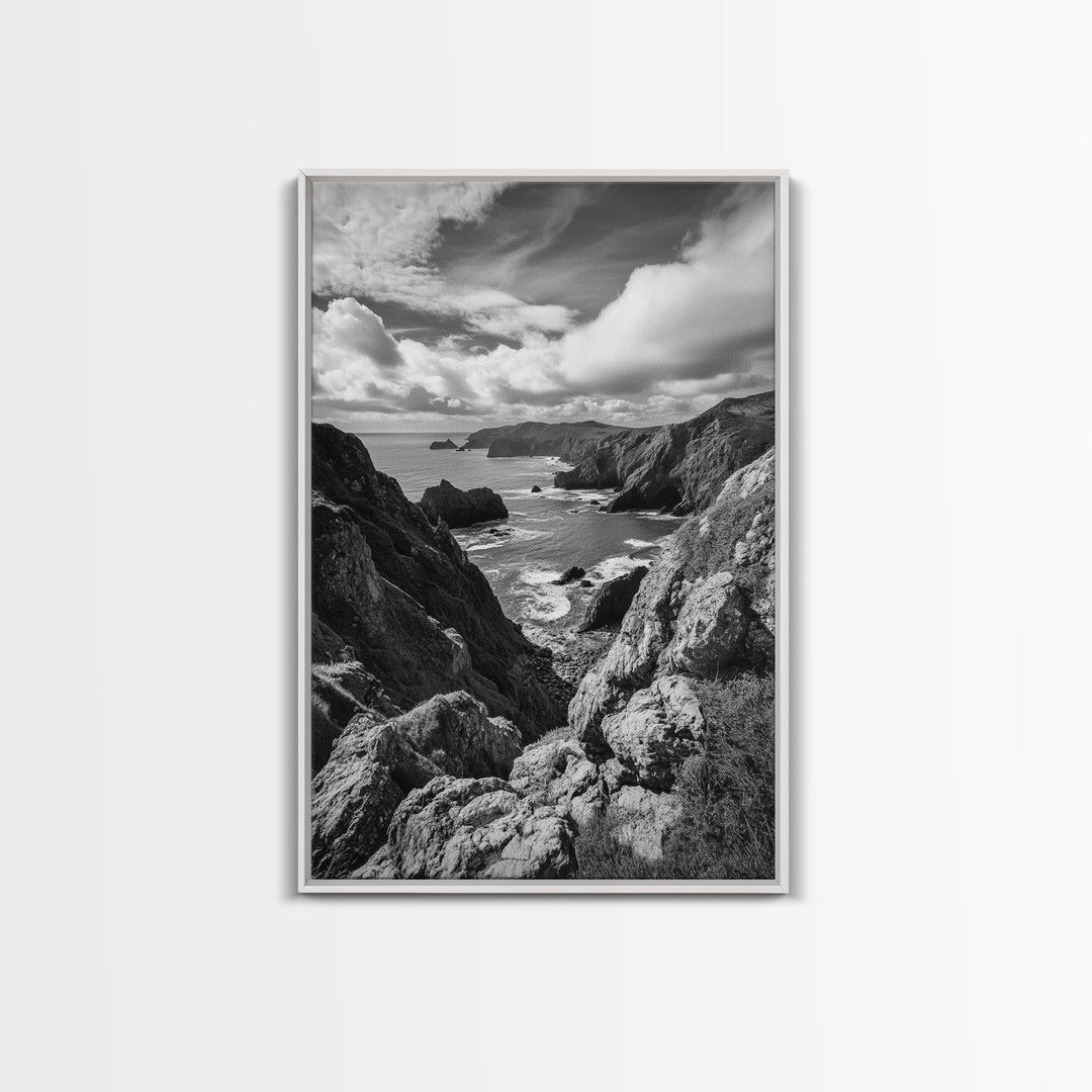 Rugged Cliffs, Ocean View, Coastal Escape, Framed Canvas Print, black and white coastal art, beach house wall decor, moody ocean print